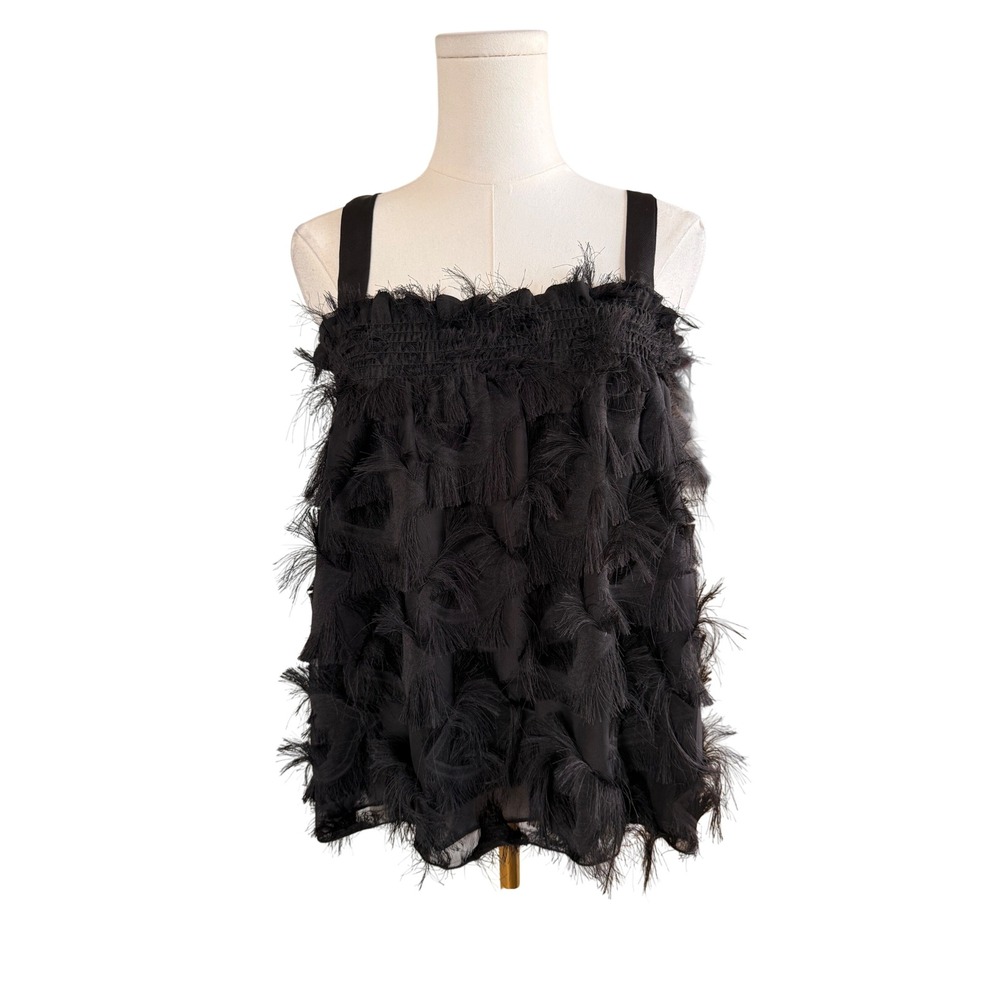Waverly Grey Anthropologie Black Fringe Cami Top Sleeveless Smocked Back Medium